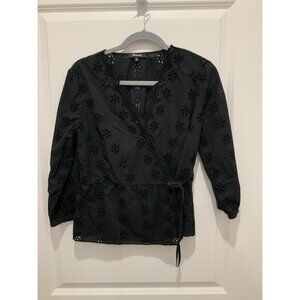 Madewell Top Small Women’s Black Floral Cut Out Crossover Button & Snap Closure